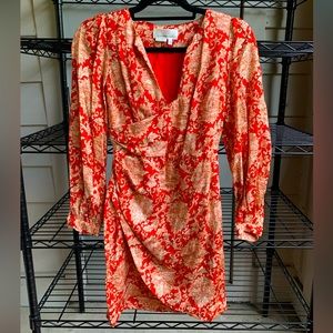 By Anthropologie silk wrap tulip hem red & gold floral dress size 00P
